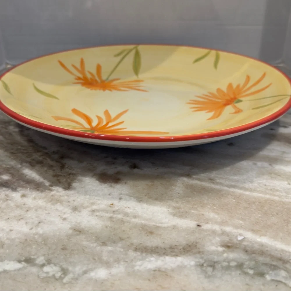 Crate & Barrel Yellow Gold Floral 14” Serving Bowl Platter Display Bowl